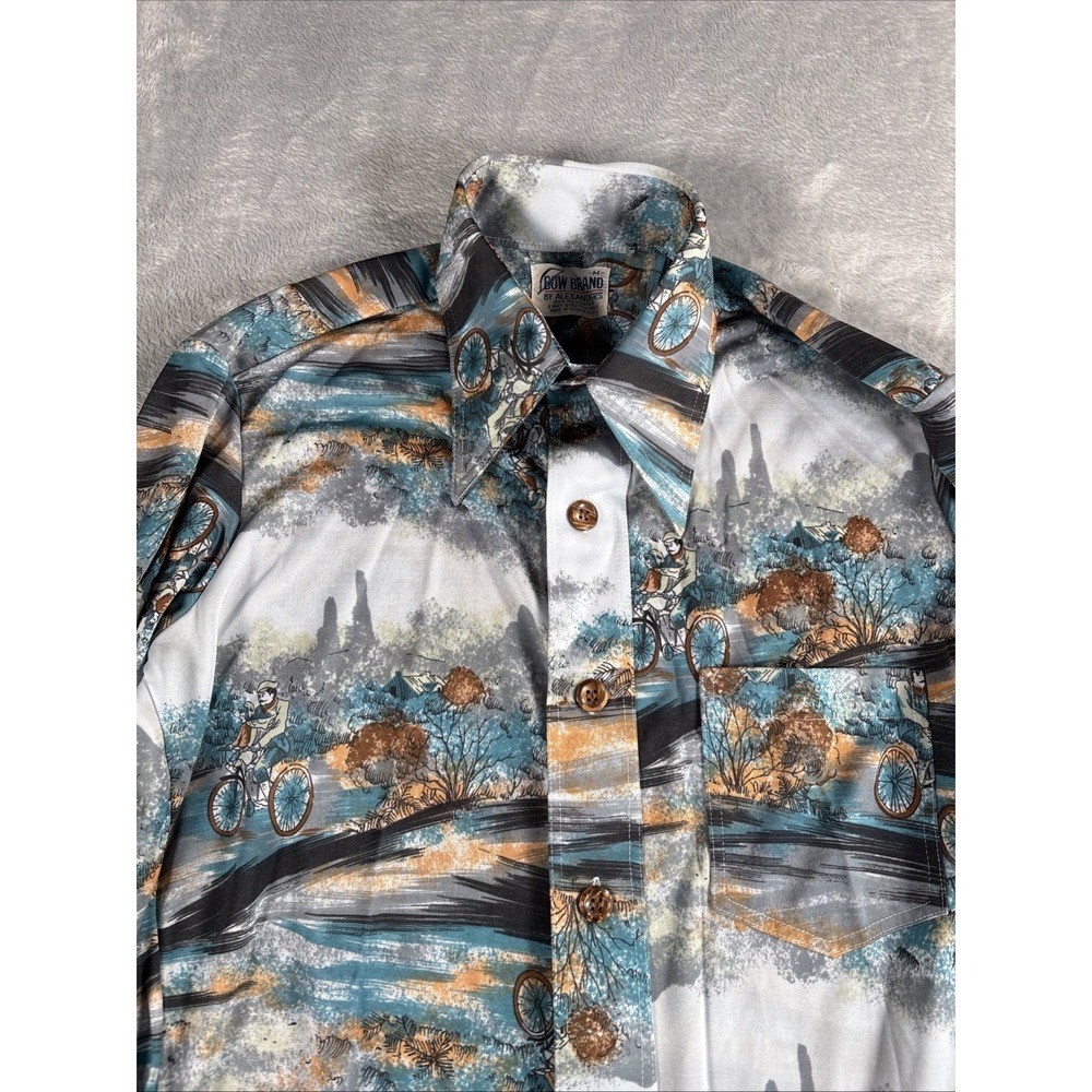 Vintage Bow Brand By Alexanders Shirt Mens Medium Scenic Print 70s Bicycle Art